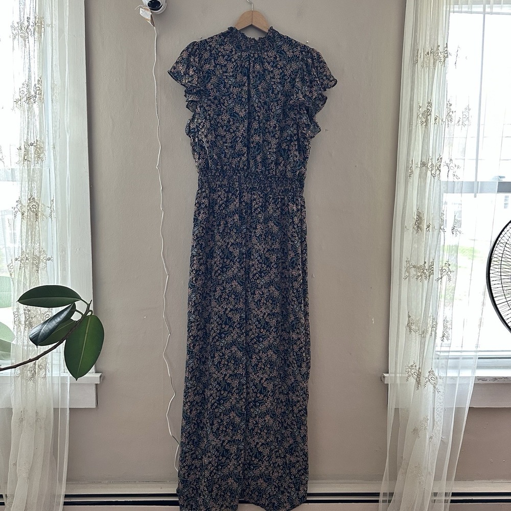 MSK Womens Floral Wide Leg Jumpsuit Size XL Blue Mock Neck Boho Modest Wedding